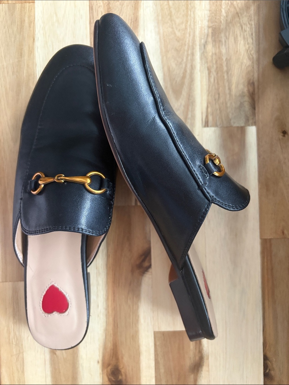 Black Leather Loafers Slip-On Mules with Gold Horsebit Accent